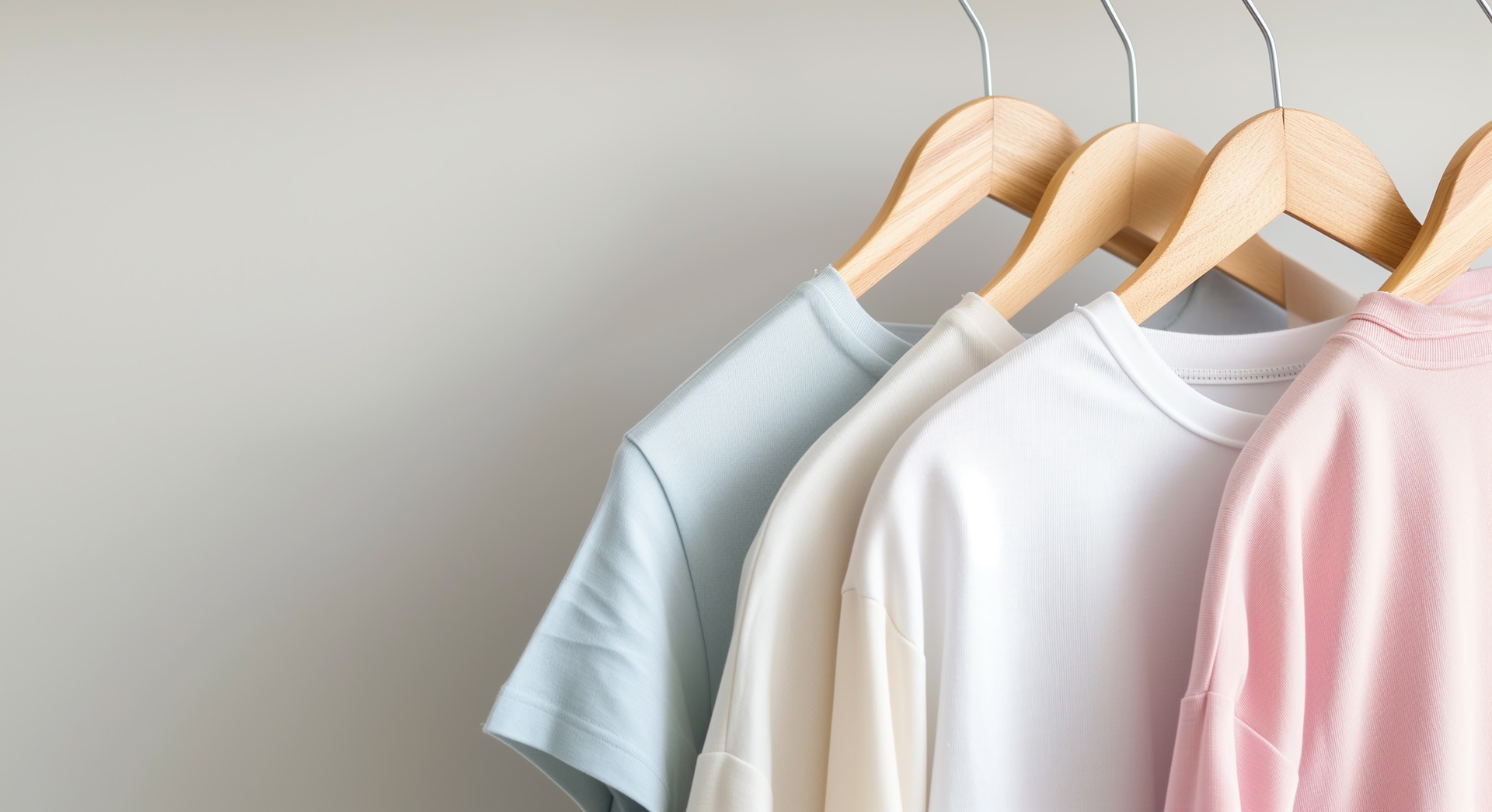 Four t-shirts in pastel colors — blue, white, cream, and pink — hanging on wooden hangers against a light background.