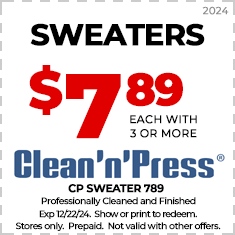 A coupon for Clean'n'Press offering sweaters at $7.89 each with the purchase of three or more. Valid until 12/22/24.