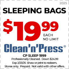 Coupon for Clean'n'Press offering sleeping bags at $19.99 each, no limit. Professionally cleaned. Expires 2/23/25. Terms: Prepaid, in-store only, not combinable with other offers.