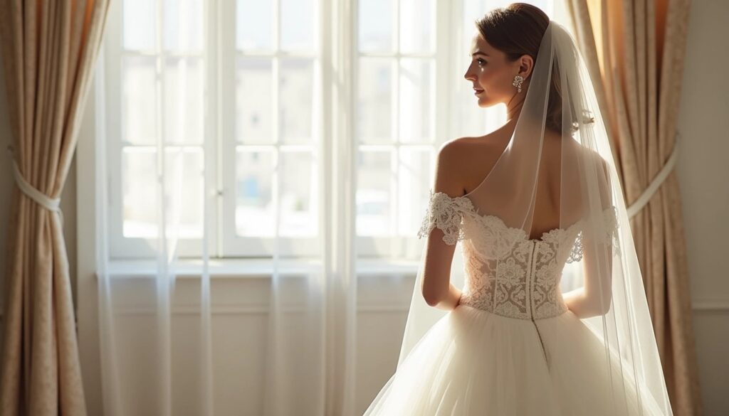 A bride in an off-shoulder lace wedding dress and veil stands facing a bright window with curtains.