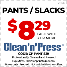 Coupon for Clean'n'Press offering blazers and sport coats cleaned and pressed for $7.99 each, no limit, valid through 6/15/25. In-store only, prepaid, not combinable with other offers.