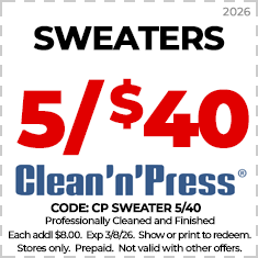 Ad for Clean'n'Press shows coats and jackets cleaning for $16.99 each with no limit. Offer valid until 6/15/25. Excludes leather; prepaid; cannot combine with other offers.