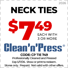 Coupon for most shirts at Clean'n'Press: $4.19 each with purchase of 3 or more. Must show or print to redeem. Not valid with other offers. Expires 6/15/25.