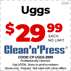 Coupon for Clean'n'Press offering blazers and sport coats cleaned and pressed for $7.99 each, no limit, valid through 6/15/25. In-store only, prepaid, not combinable with other offers.