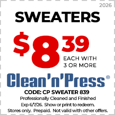 Ad for Clean'n'Press shows coats and jackets cleaning for $16.99 each with no limit. Offer valid until 6/15/25. Excludes leather; prepaid; cannot combine with other offers.