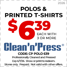 Coupon for most shirts at Clean'n'Press: $4.19 each with purchase of 3 or more. Must show or print to redeem. Not valid with other offers. Expires 6/15/25.