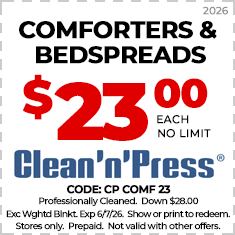 Coupon for Clean'n'Press offering blazers and sport coats cleaned and pressed for $7.99 each, no limit, valid through 6/15/25. In-store only, prepaid, not combinable with other offers.