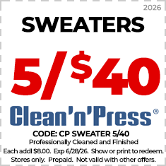 Coupon for Clean'n'Press offering blazers and sport coats cleaned and pressed for $7.99 each, no limit, valid through 6/15/25. In-store only, prepaid, not combinable with other offers.