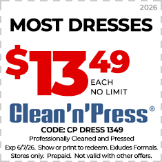 Ad for Clean'n'Press shows coats and jackets cleaning for $16.99 each with no limit. Offer valid until 6/15/25. Excludes leather; prepaid; cannot combine with other offers.