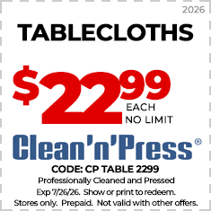 Ad for Clean'n'Press shows coats and jackets cleaning for $16.99 each with no limit. Offer valid until 6/15/25. Excludes leather; prepaid; cannot combine with other offers.