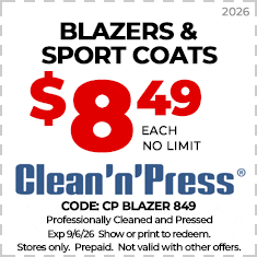 Coupon for Clean'n'Press offering blazers and sport coats cleaned and pressed for $7.99 each, no limit, valid through 6/15/25. In-store only, prepaid, not combinable with other offers.