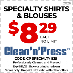 Coupon for Clean'n'Press offering blazers and sport coats cleaned and pressed for $7.99 each, no limit, valid through 6/15/25. In-store only, prepaid, not combinable with other offers.