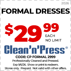 Ad for Clean'n'Press shows coats and jackets cleaning for $16.99 each with no limit. Offer valid until 6/15/25. Excludes leather; prepaid; cannot combine with other offers.
