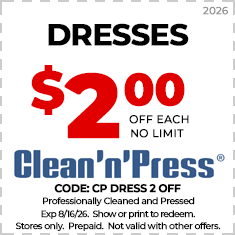 Ad for Clean'n'Press shows coats and jackets cleaning for $16.99 each with no limit. Offer valid until 6/15/25. Excludes leather; prepaid; cannot combine with other offers.