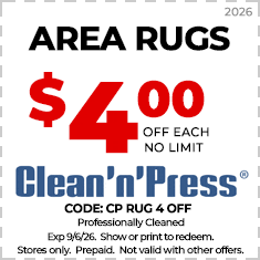 Ad for Clean'n'Press shows coats and jackets cleaning for $16.99 each with no limit. Offer valid until 6/15/25. Excludes leather; prepaid; cannot combine with other offers.