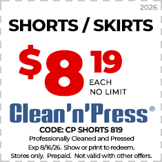 Ad for Clean'n'Press shows coats and jackets cleaning for $16.99 each with no limit. Offer valid until 6/15/25. Excludes leather; prepaid; cannot combine with other offers.