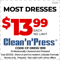 Coupon for Clean'n'Press offering blazers and sport coats cleaned and pressed for $7.99 each, no limit, valid through 6/15/25. In-store only, prepaid, not combinable with other offers.