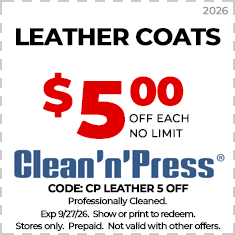 Ad for Clean'n'Press shows coats and jackets cleaning for $16.99 each with no limit. Offer valid until 6/15/25. Excludes leather; prepaid; cannot combine with other offers.