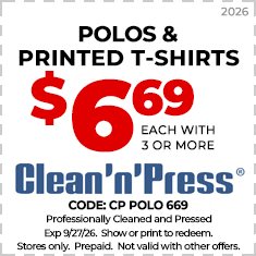 Coupon for most shirts at Clean'n'Press: $4.19 each with purchase of 3 or more. Must show or print to redeem. Not valid with other offers. Expires 6/15/25.