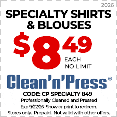 Coupon for Clean'n'Press offering blazers and sport coats cleaned and pressed for $7.99 each, no limit, valid through 6/15/25. In-store only, prepaid, not combinable with other offers.