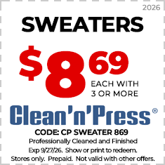 Ad for Clean'n'Press shows coats and jackets cleaning for $16.99 each with no limit. Offer valid until 6/15/25. Excludes leather; prepaid; cannot combine with other offers.