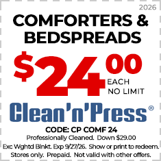Coupon for Clean'n'Press offering blazers and sport coats cleaned and pressed for $7.99 each, no limit, valid through 6/15/25. In-store only, prepaid, not combinable with other offers.