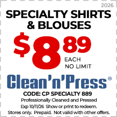 Coupon for most shirts at Clean'n'Press: $4.19 each with purchase of 3 or more. Must show or print to redeem. Not valid with other offers. Expires 6/15/25.
